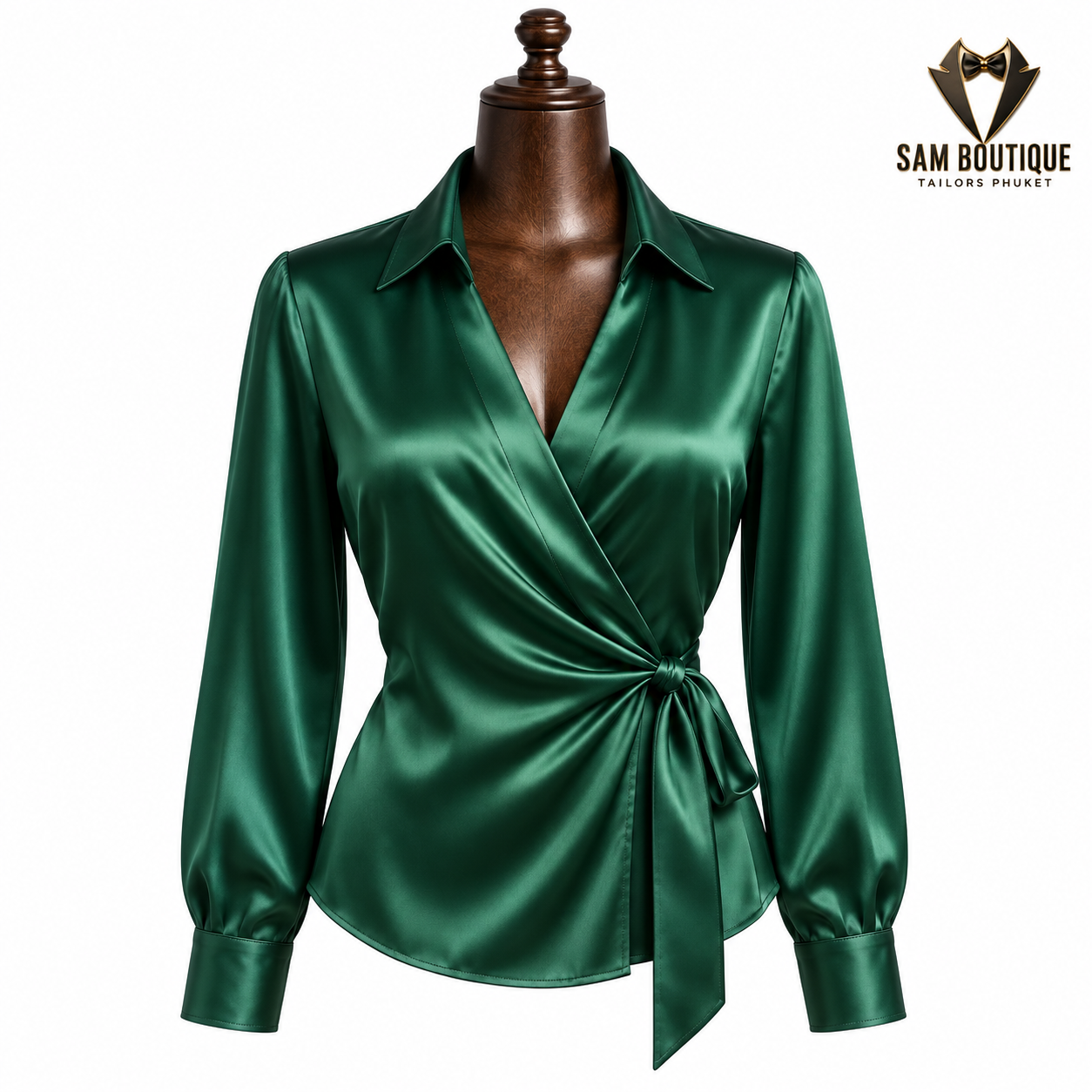 Emerald Wrap Silk Blouse — made to measure by Sam Boutique Tailors Phuket