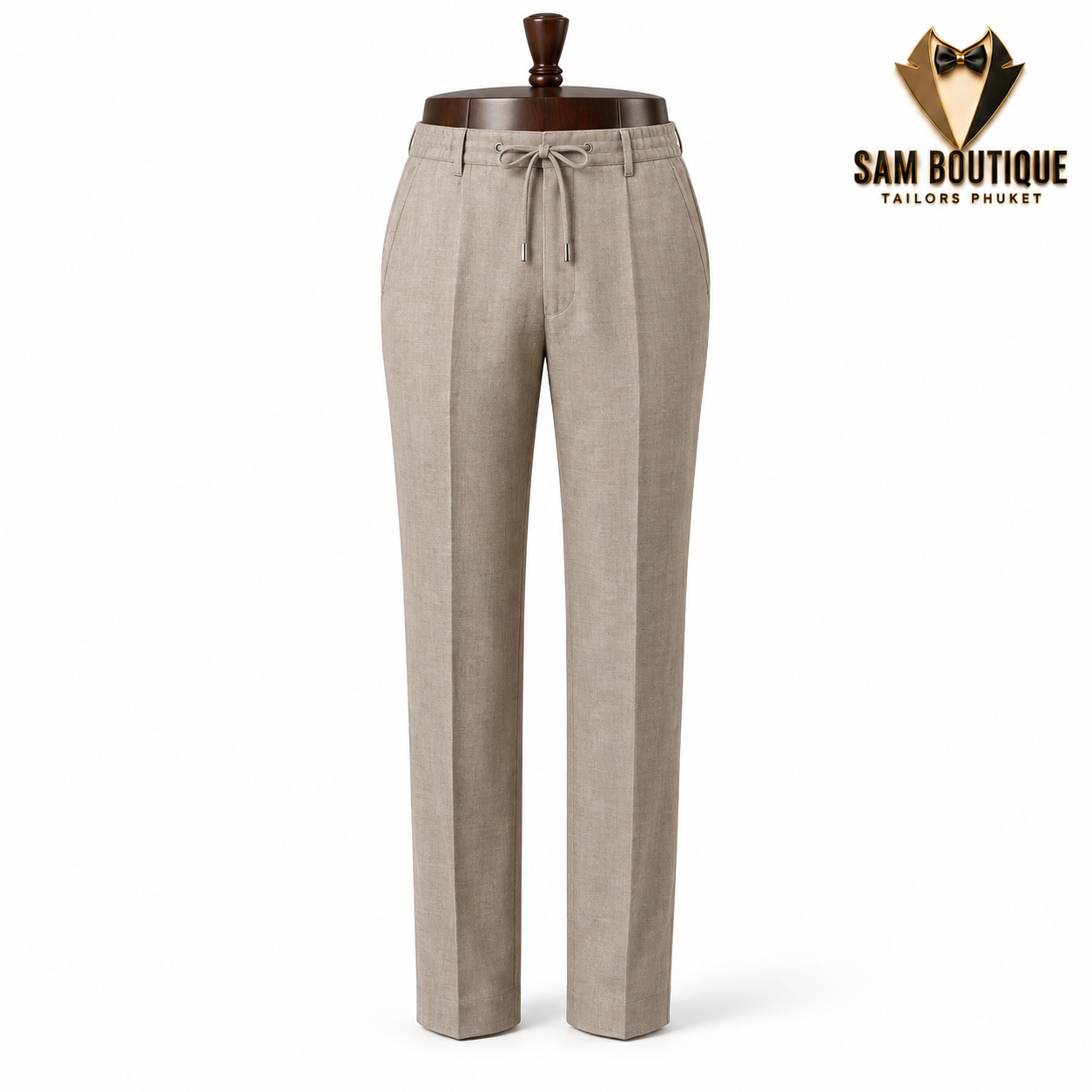 Taupe Drawstring Linen Trousers — made to measure by Sam Boutique Tailors Phuket