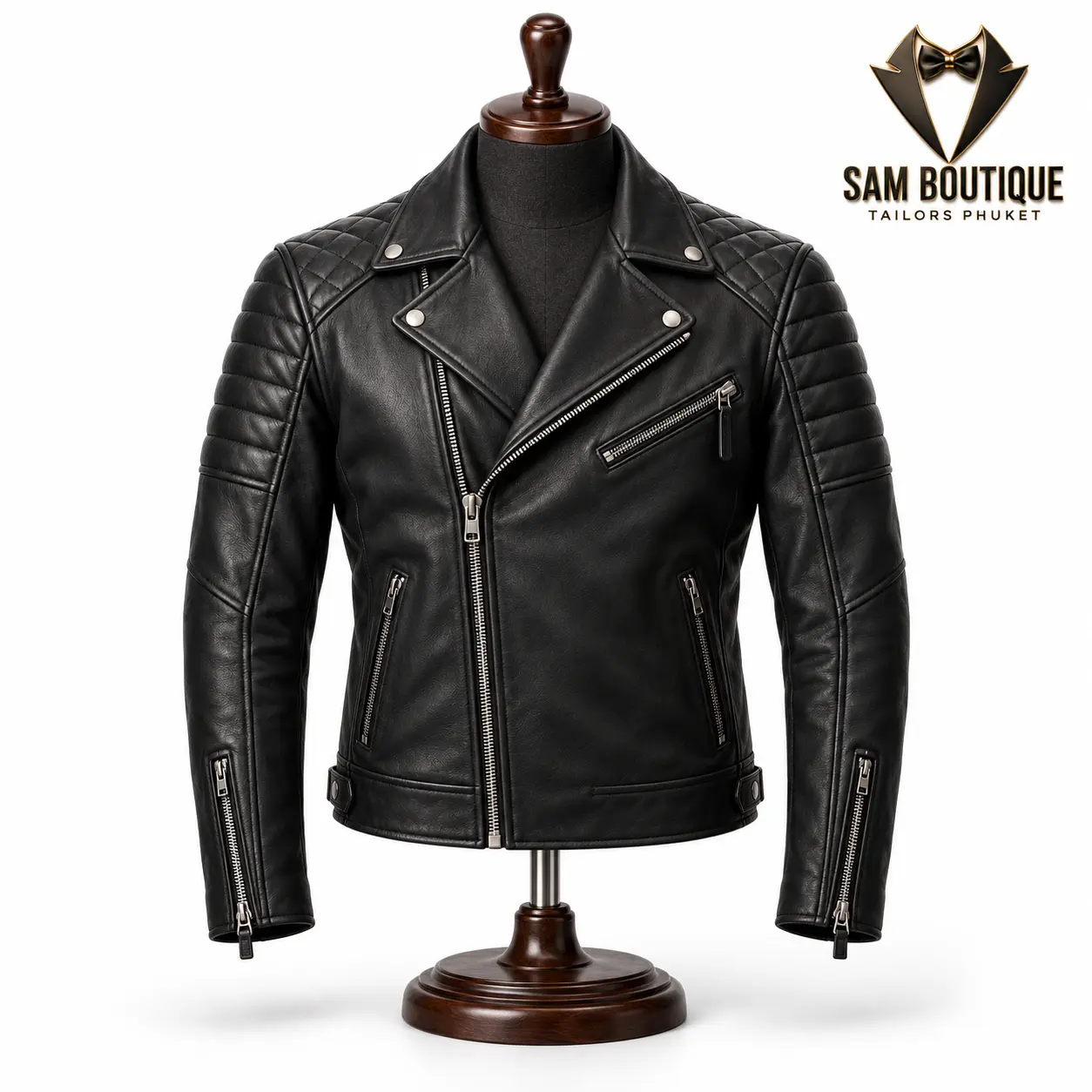 Black Quilted Biker Leather Jacket — made to measure by Sam Boutique Tailors Phuket