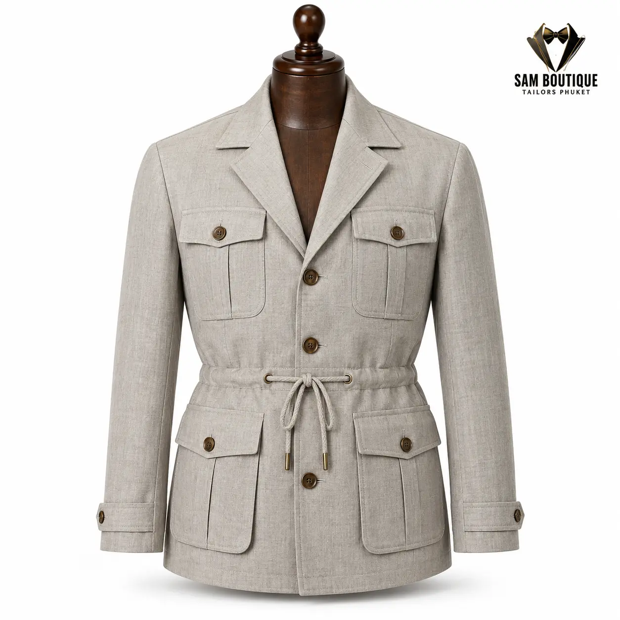 Stone Linen Safari Jacket with Drawstring — made to measure by Sam Boutique Tailors Phuket