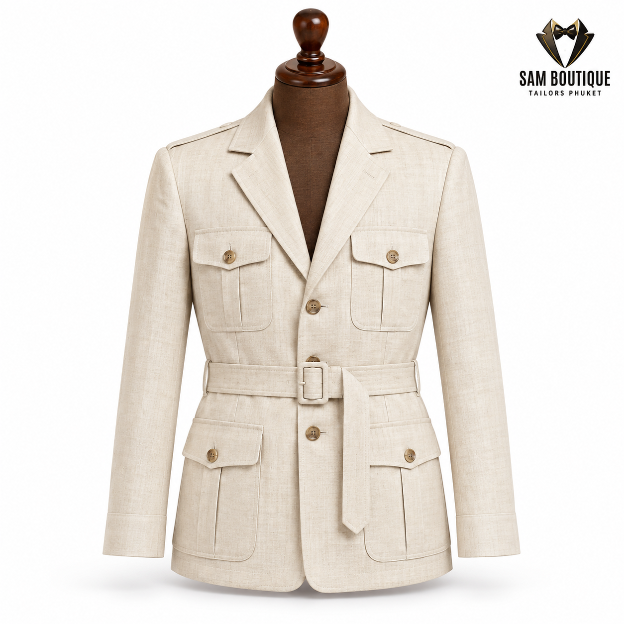 Cream Linen Safari Jacket with Belt — made to measure by Sam Boutique Tailors Phuket
