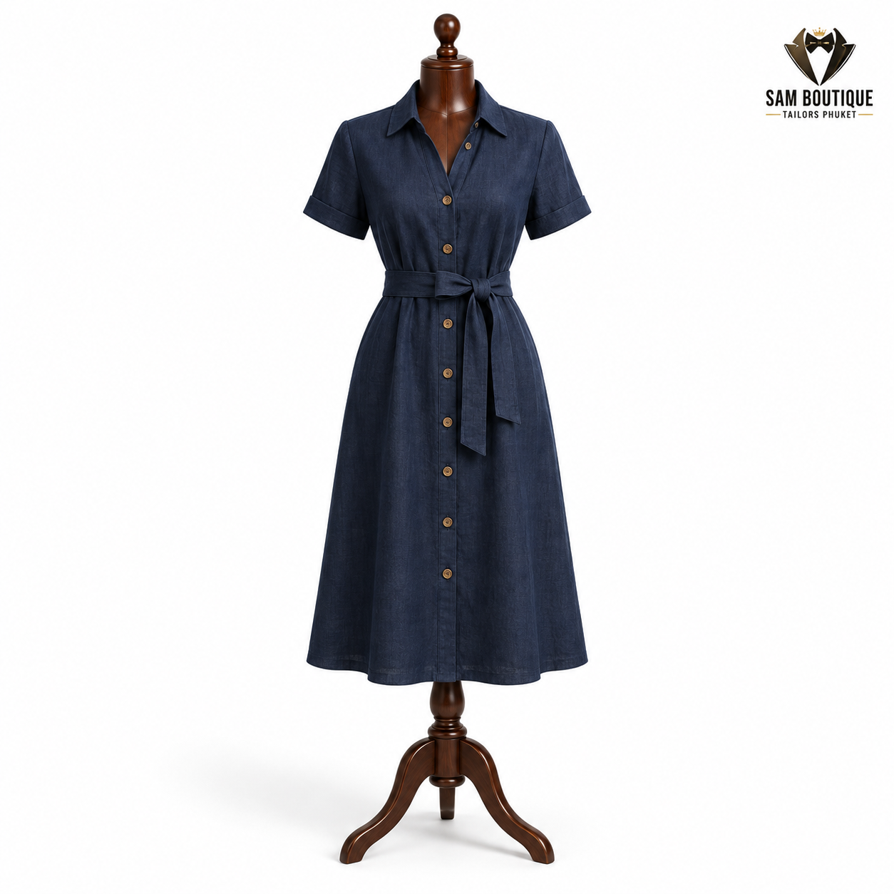 Navy Belted Shirt Linen Dress — made to measure by Sam Boutique Tailors Phuket