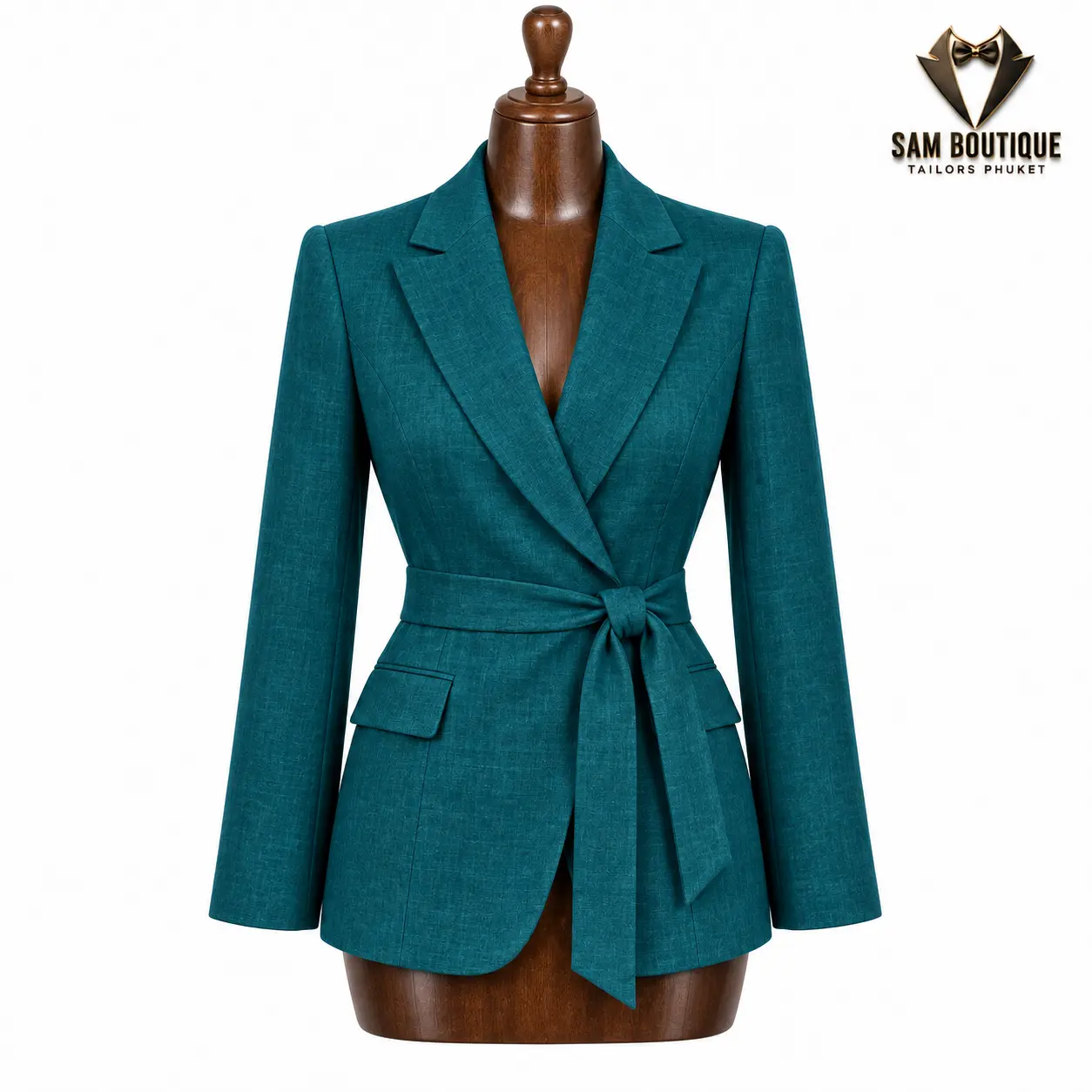 Teal Belted Linen Blazer — made to measure by Sam Boutique Tailors Phuket