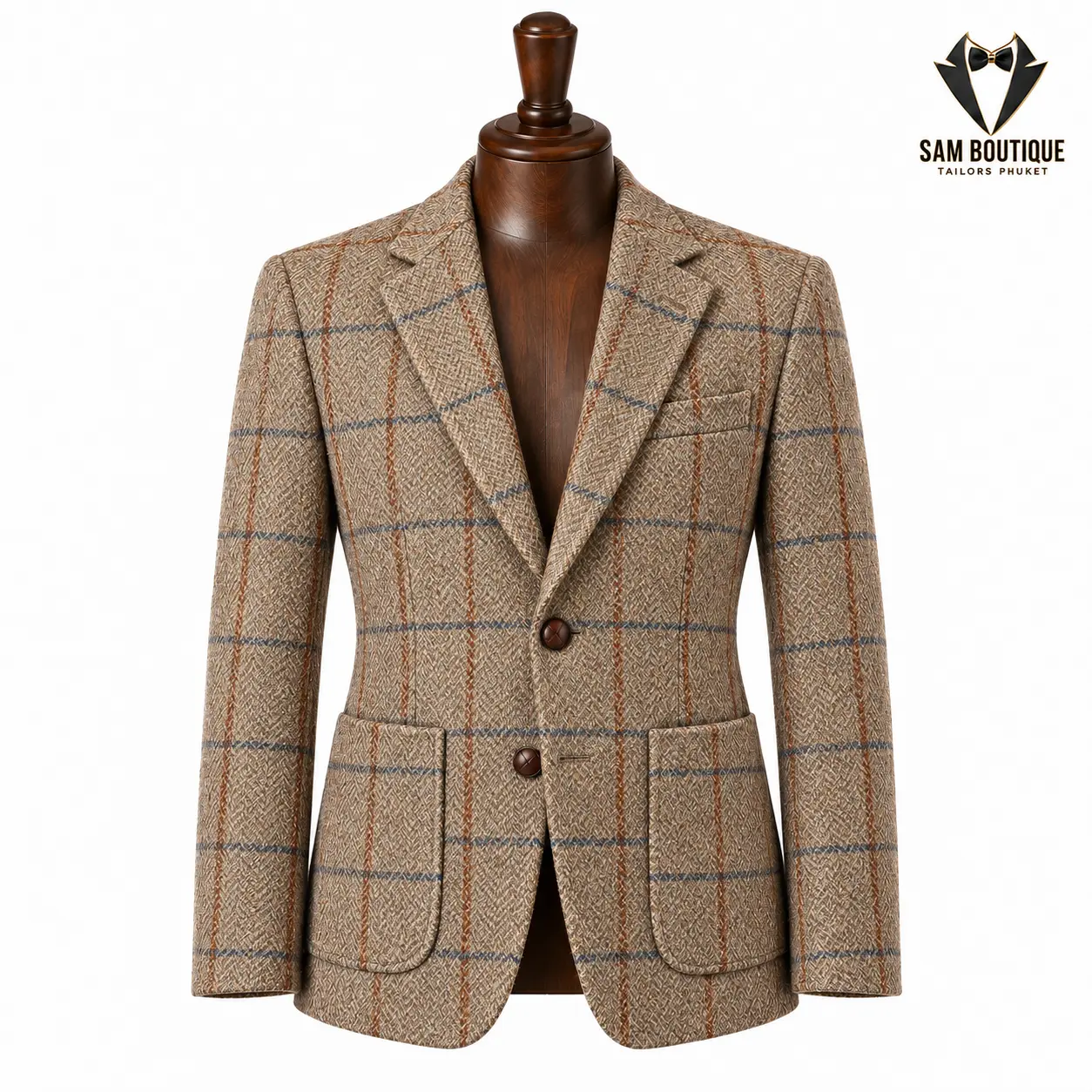 Beige Rust & Blue Overcheck Tweed Blazer — made to measure by Sam Boutique Tailors Phuket