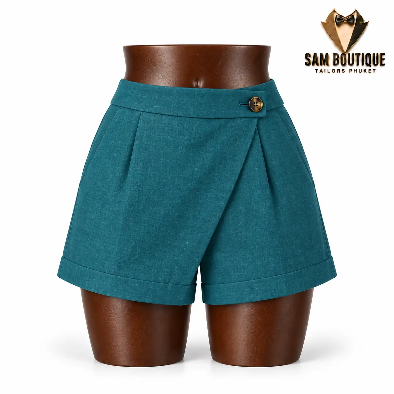 Teal Wrap-Front Linen Shorts — made to measure by Sam Boutique Tailors Phuket