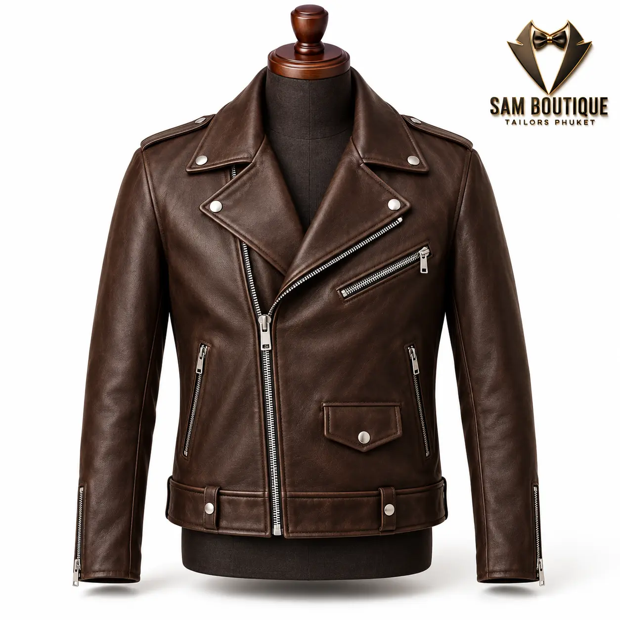 Brown Classic Biker Leather Jacket — made to measure by Sam Boutique Tailors Phuket