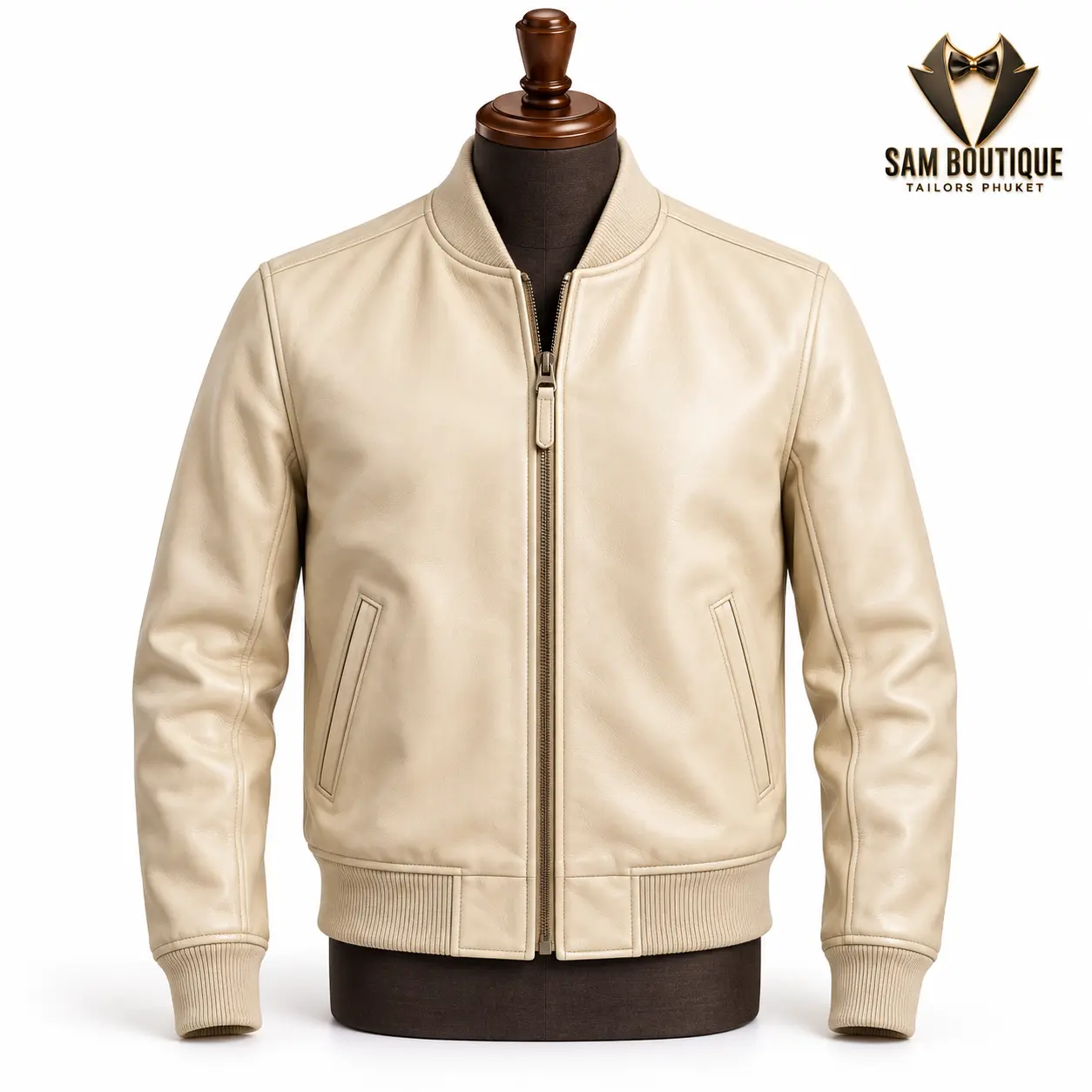 Cream Bomber Leather Jacket — made to measure by Sam Boutique Tailors Phuket
