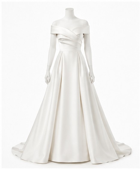 Off-Shoulder Satin A-Line Wedding Dress — made to measure by Sam Boutique Tailors Phuket