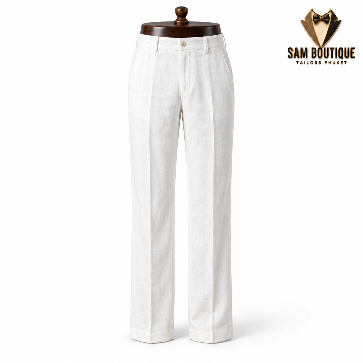 White Straight Linen Trousers — made to measure by Sam Boutique Tailors Phuket