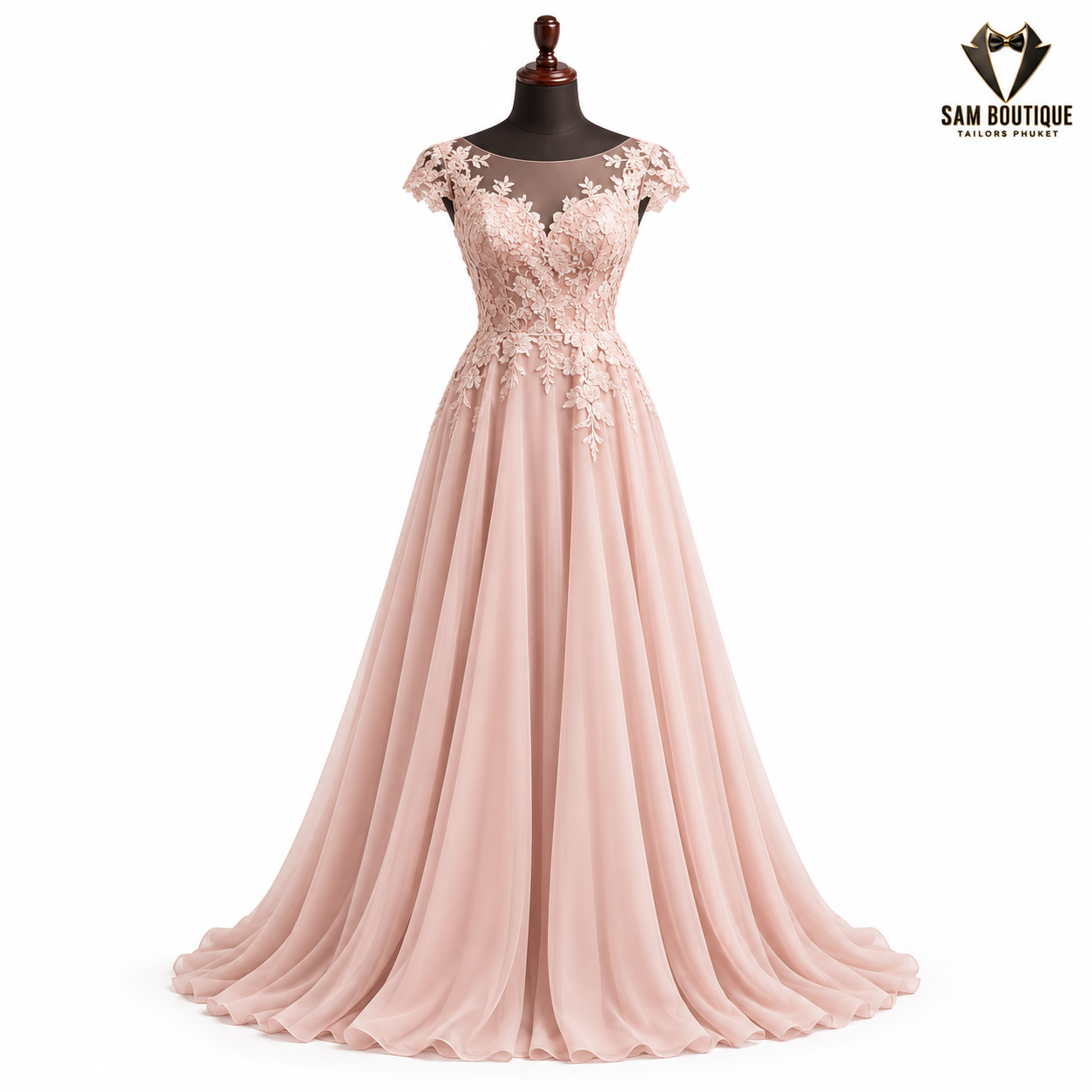 Blush Floral-Lace A-Line Wedding Gown — made to measure by Sam Boutique Tailors Phuket