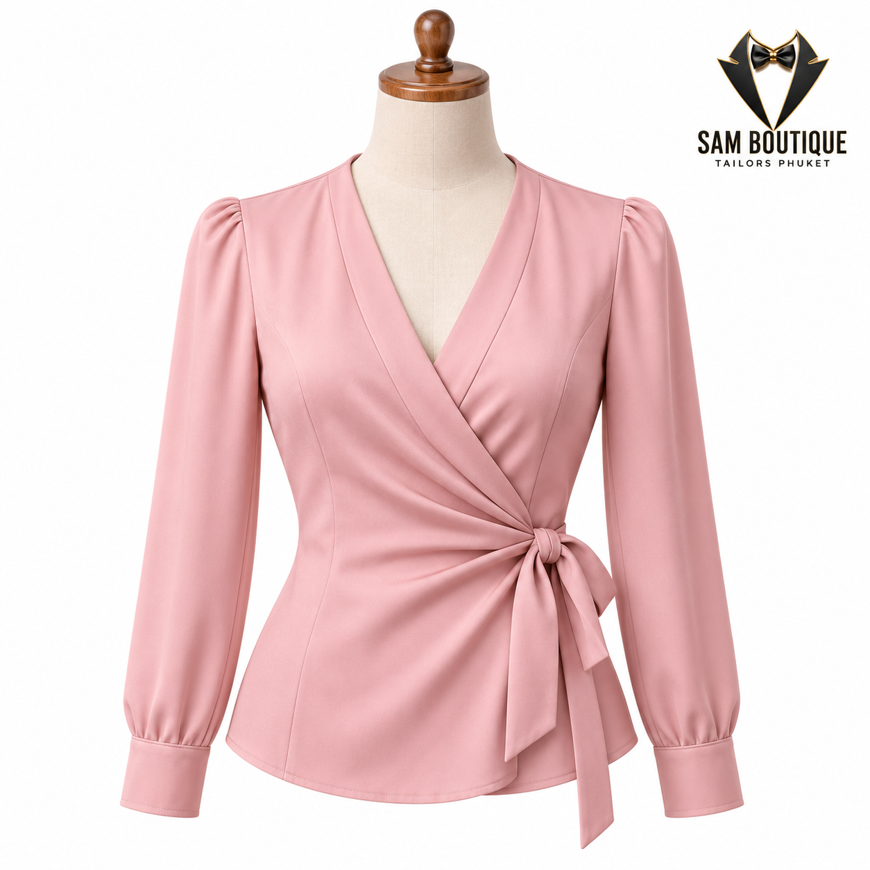 Blush Pink Wrap Tie-Front Blouse — made to measure by Sam Boutique Tailors Phuket