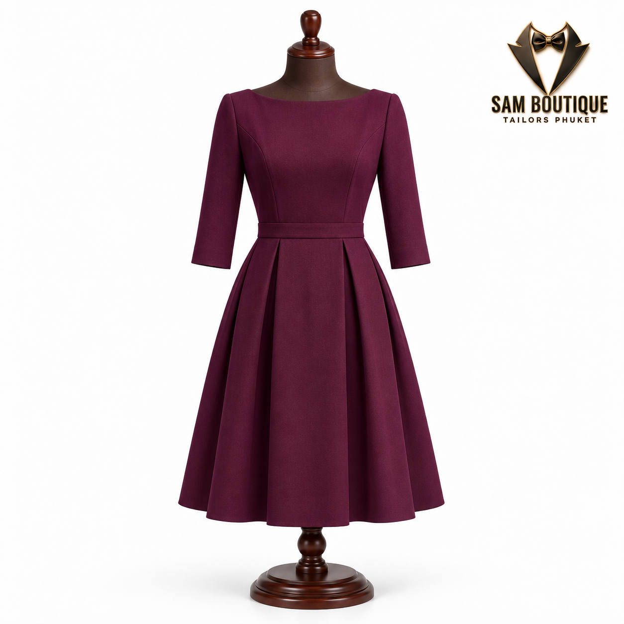 Burgundy Fit-and-Flare Business Dress — made to measure by Sam Boutique Tailors Phuket
