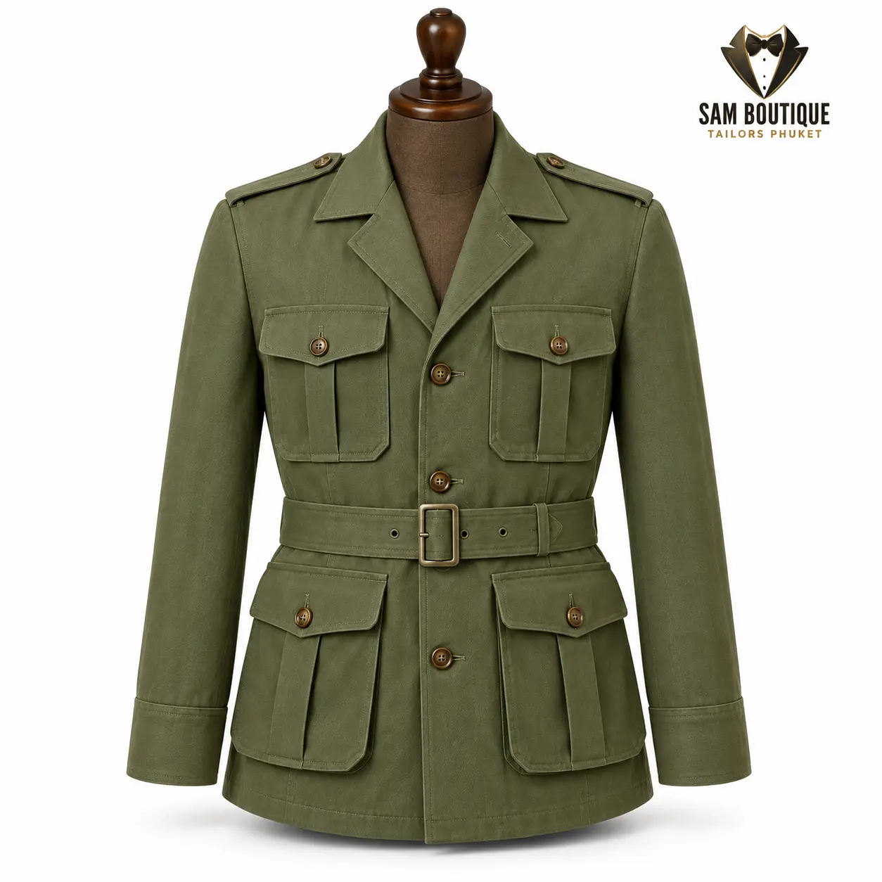 Olive Cotton Safari Jacket with Belt — made to measure by Sam Boutique Tailors Phuket