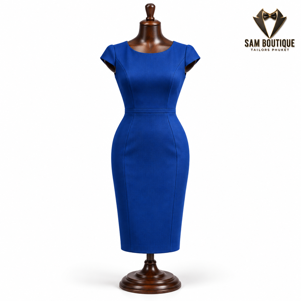 Royal Blue Cap-Sleeve Sheath Dress — made to measure by Sam Boutique Tailors Phuket