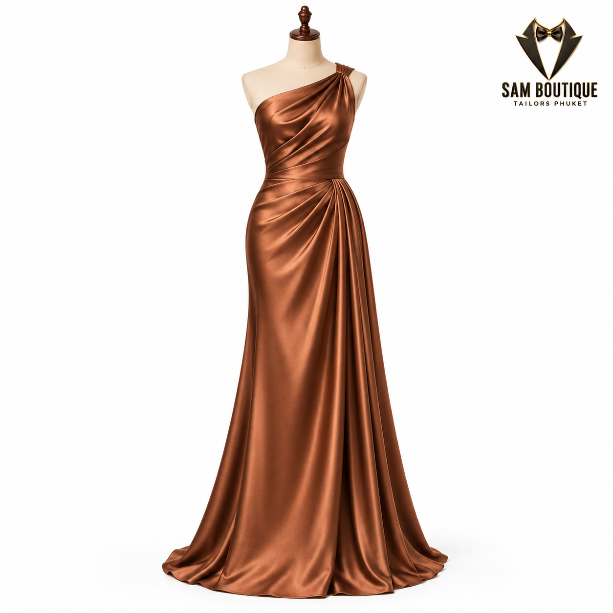 Bronze One-Shoulder Satin Evening Gown — made to measure by Sam Boutique Tailors Phuket
